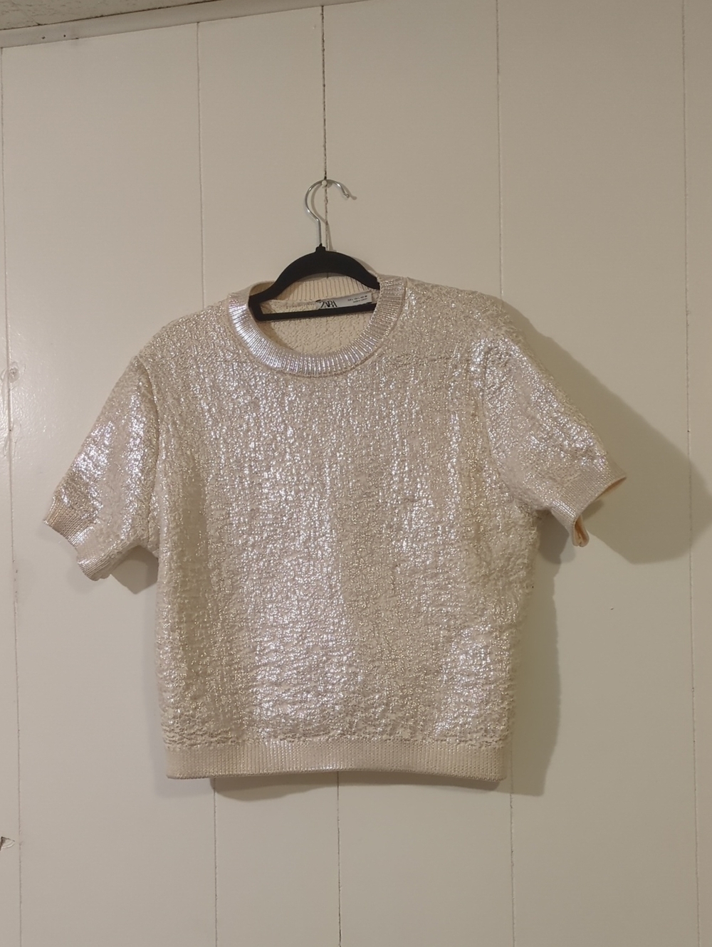 Shimmery Cream Short-Sleeve Knit Top